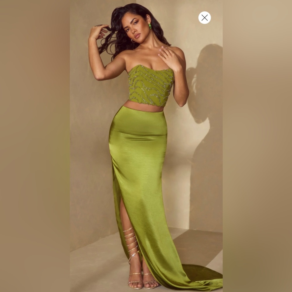 2 piece green satin skirt with matching embellished corset top